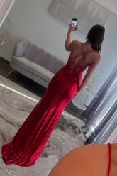 Red Prom Dress Spaghetti Straps Ruhed Long Lace Formal Dress With Appliques